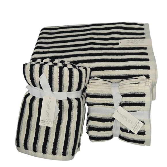 Rachel Zoe 8pc Cream And Black Striped Cotton Towel Set 2 Bath 4 Wash 2 Hand - Picture 1 of 16